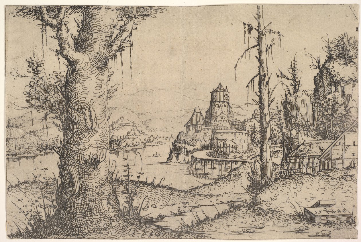 Jokimaisema ja suuri puu vasemmalla, 1546. tekijältä Augustin Hirschvogel