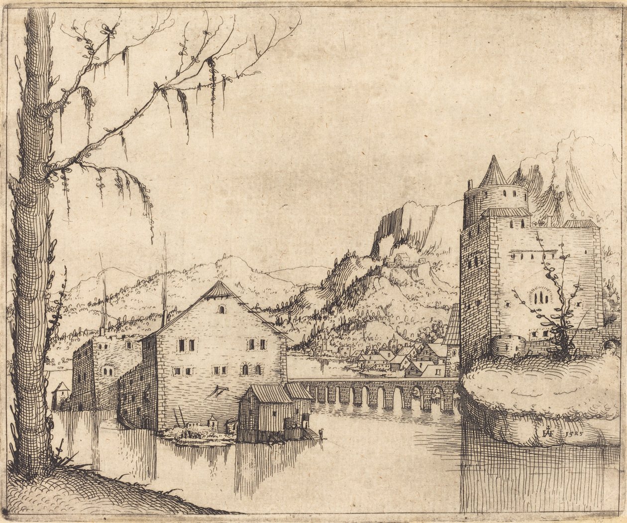 Jokimaisema ja kaksi rakennusta, 1545. tekijältä Augustin Hirschvogel