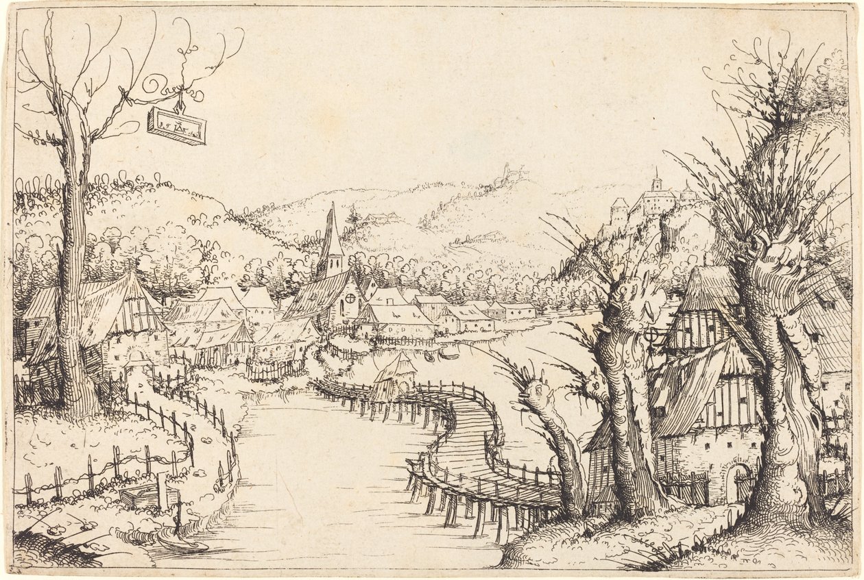 Jokimaisema puusillalla, 1546. tekijältä Augustin Hirschvogel