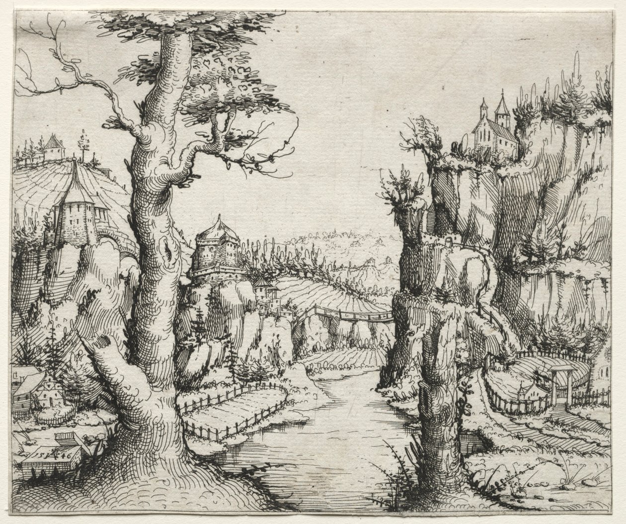 Jokimaisema kivineen vasemmalla ana oikealla, 1546. tekijältä Augustin Hirschvogel