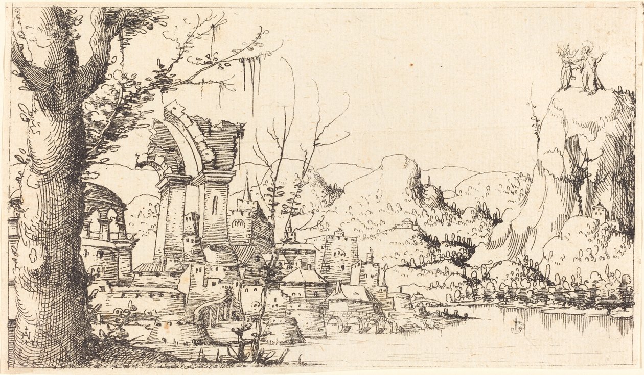 Jokimaisema Kristuksen kiusauksella, 1545. tekijältä Augustin Hirschvogel