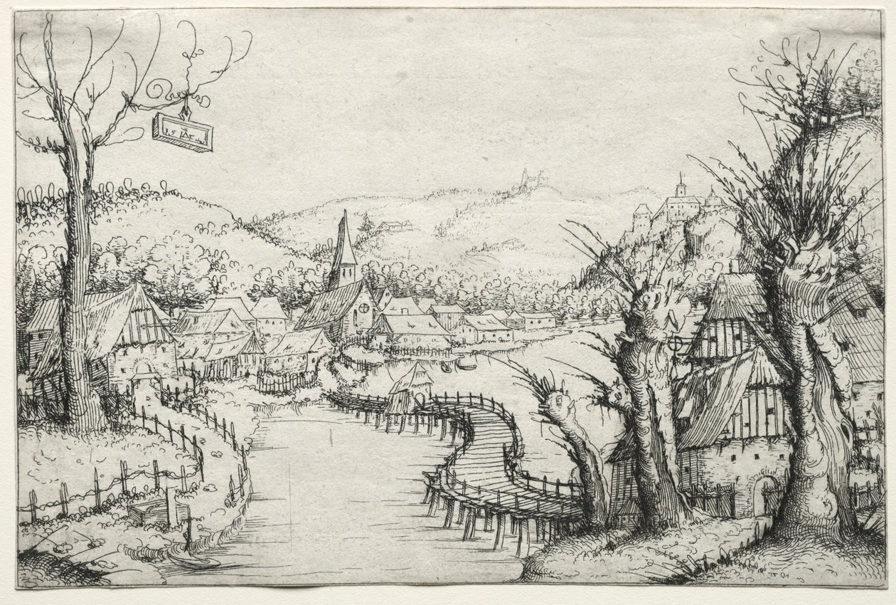 Jokimaisema, jossa kolme paljaaa pajua oikealla ja pitkä mutkainen puusilta..., 1546. tekijältä Augustin Hirschvogel