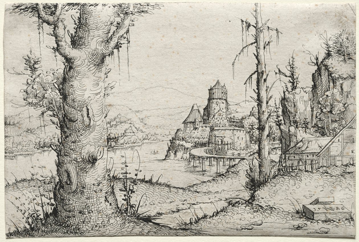 Jokimaisema, jossa iso puu vasemmalla, 1546. tekijältä Augustin Hirschvogel