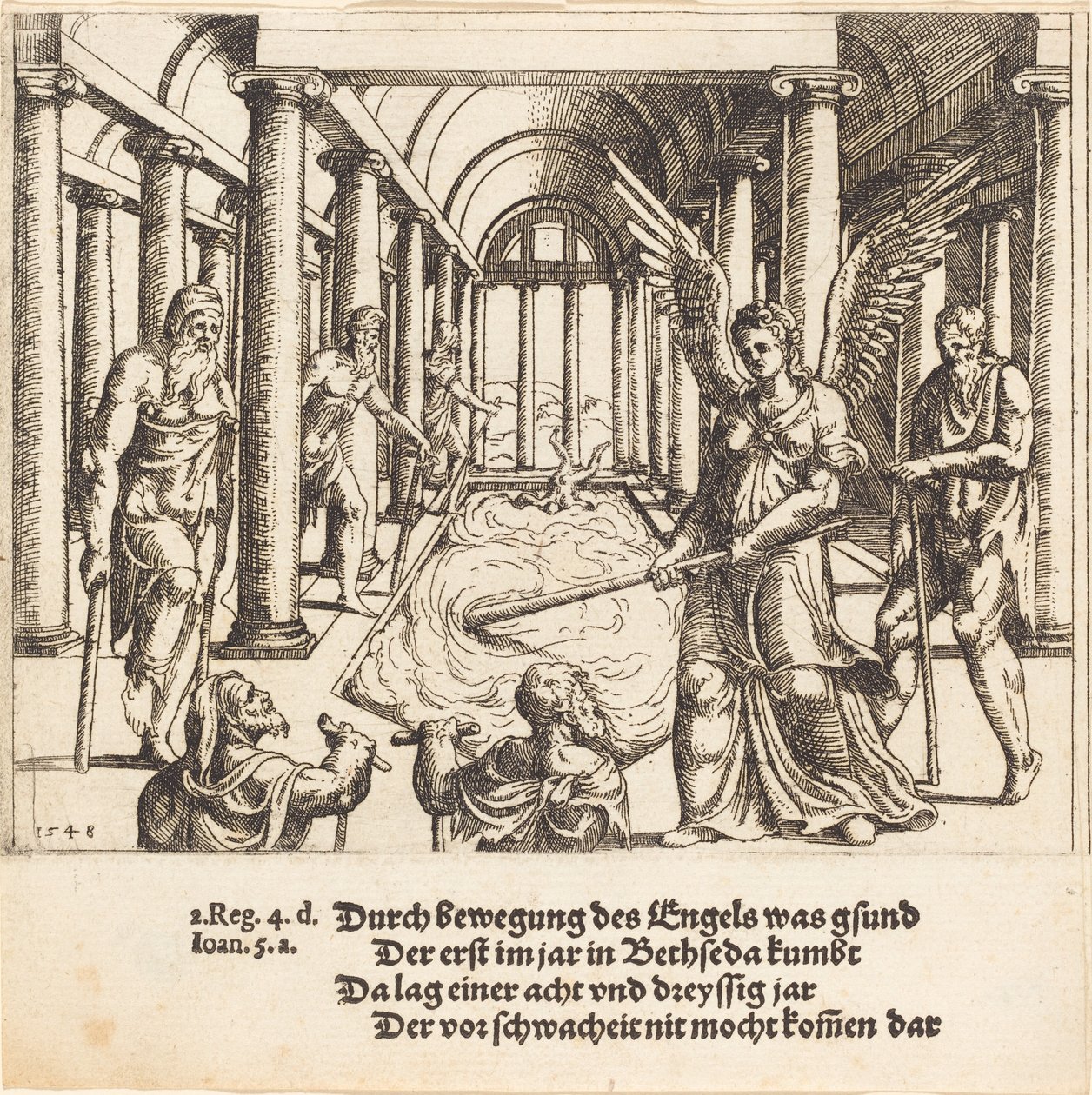 Enkeli kiihottaa Bethesdan allasta, 1548. tekijältä Augustin Hirschvogel