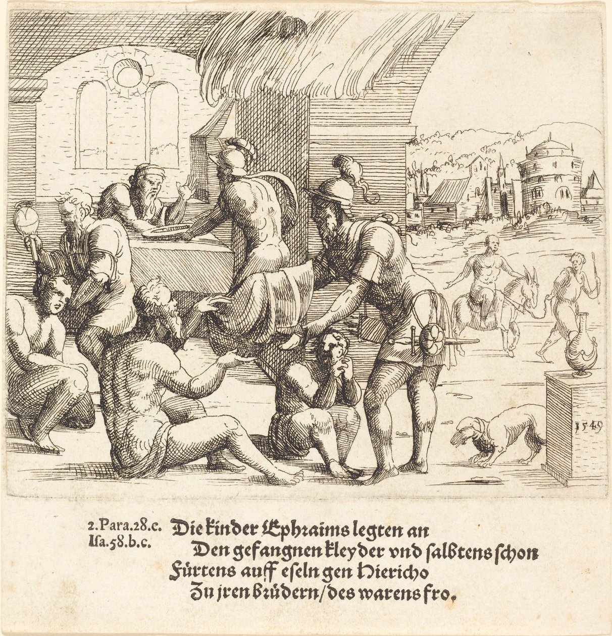Efraimin miehet huolehtivat vangeistaan ja palauttavat heidät Jerikoon, 1549. tekijältä Augustin Hirschvogel