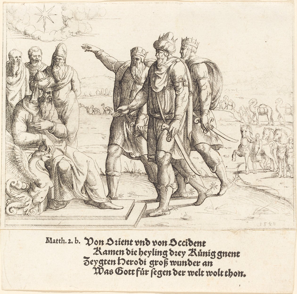 Kolme kuningasta kertovat Herodekselle Kristuksen syntymästä, 1549. tekijältä Augustin Hirschvogel