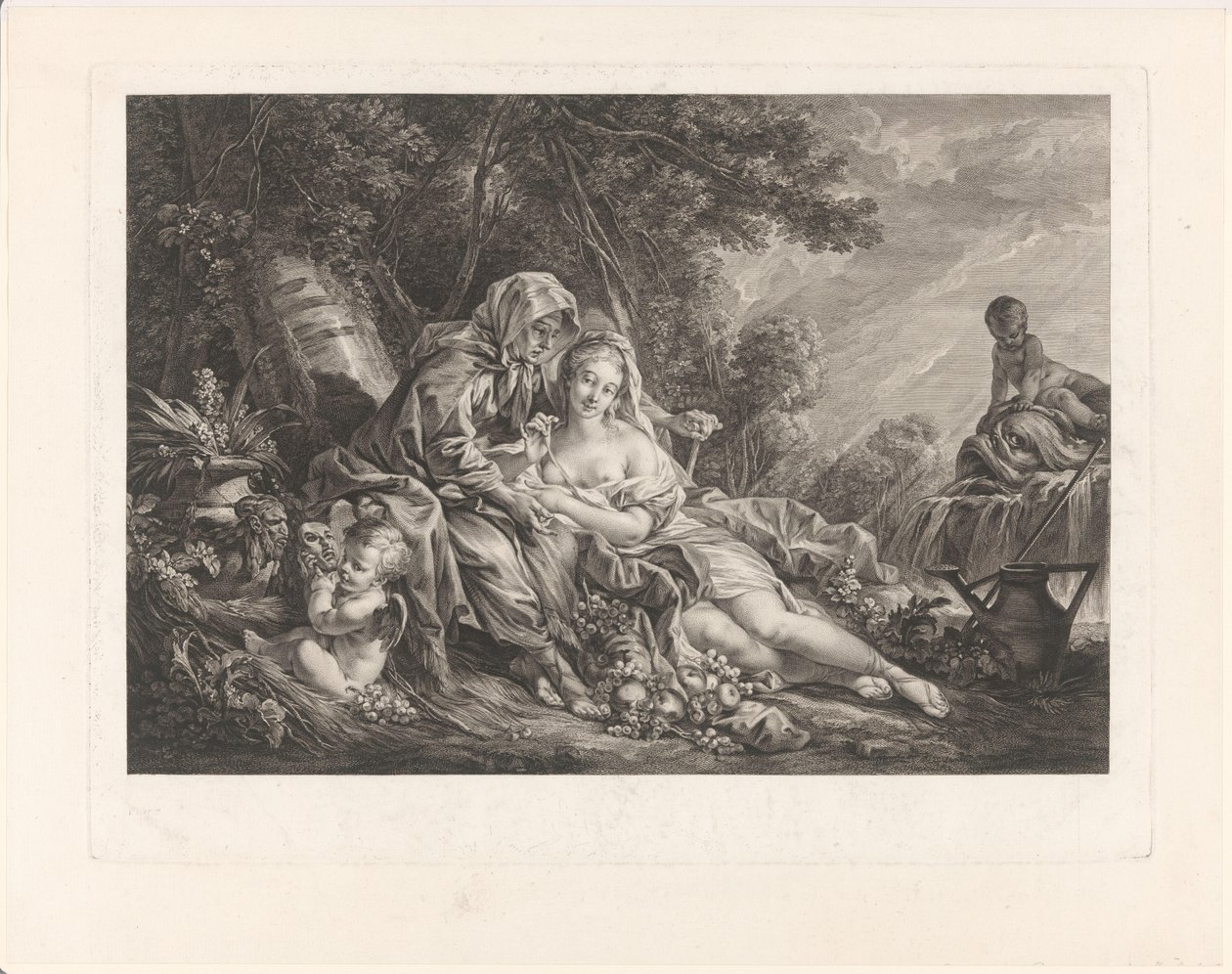 Vertumnus ja Pomona puistomaisemassa tekijältä Augustin de Saint-Aubin