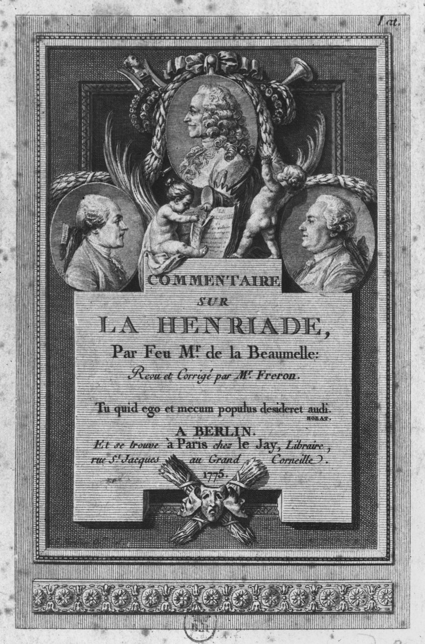Etukuva de la Beaumellen kommentista Voltairen teokseen "La Henriade", jonka Freron on tarkistanut ja päivittänyt ja joka on julkaistu Berliinissä ja Pariisissa vuonna 1775. tekijältä Augustin de Saint Aubin