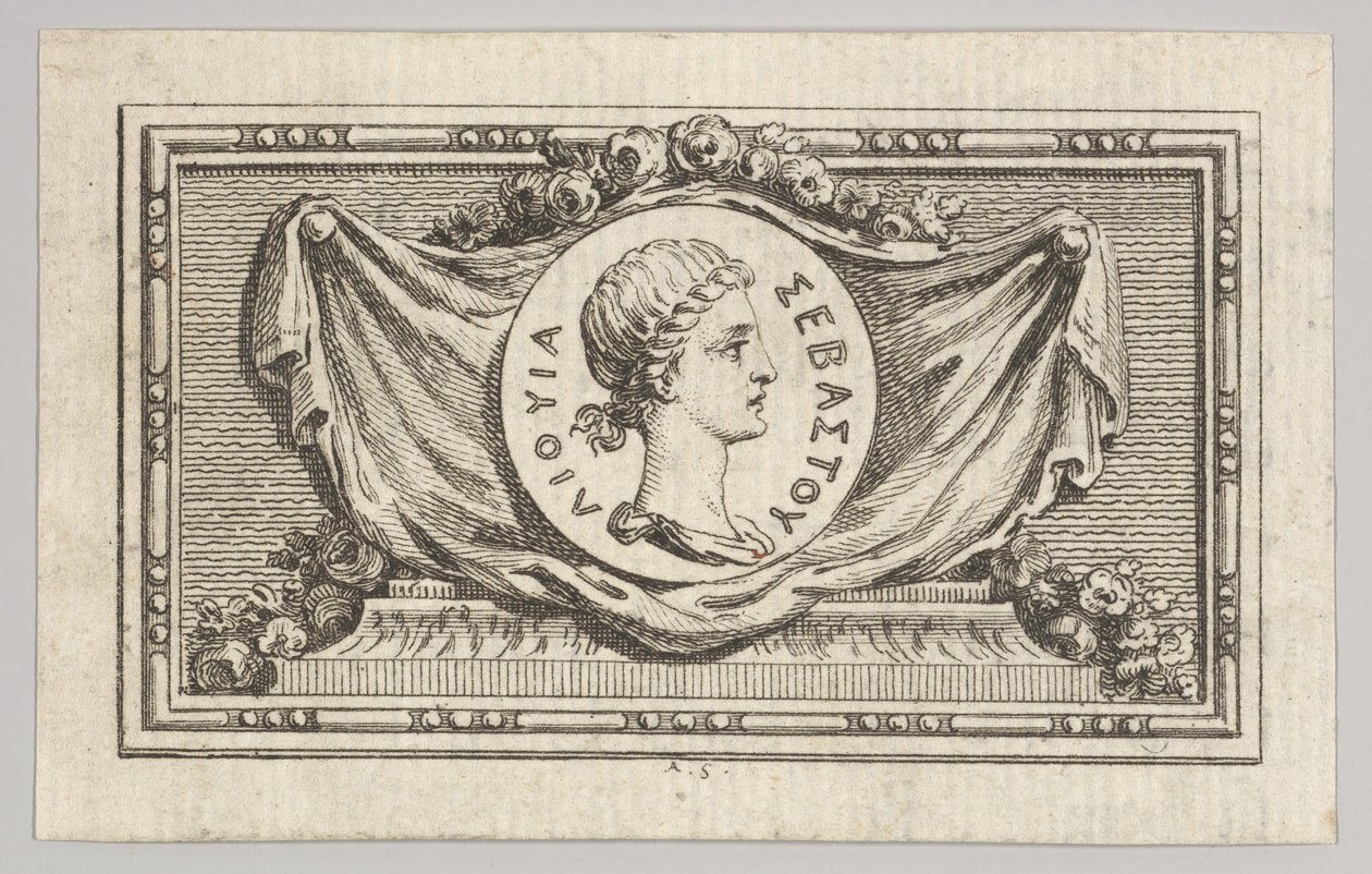 Mitali Liviuksen muotokuvalla 5. kirjassa, Tibère ou les six ensiesittelystä ..., julkaistu vuonna 1768. tekijältä Augustin de Saint Aubin
