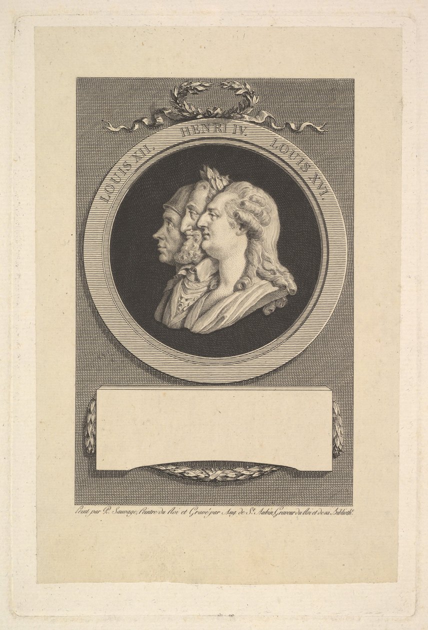 Ludvig XVI:n, Henri IV:n ja Ludvig XII:n muotokuva, 1791. tekijältä Augustin de Saint Aubin