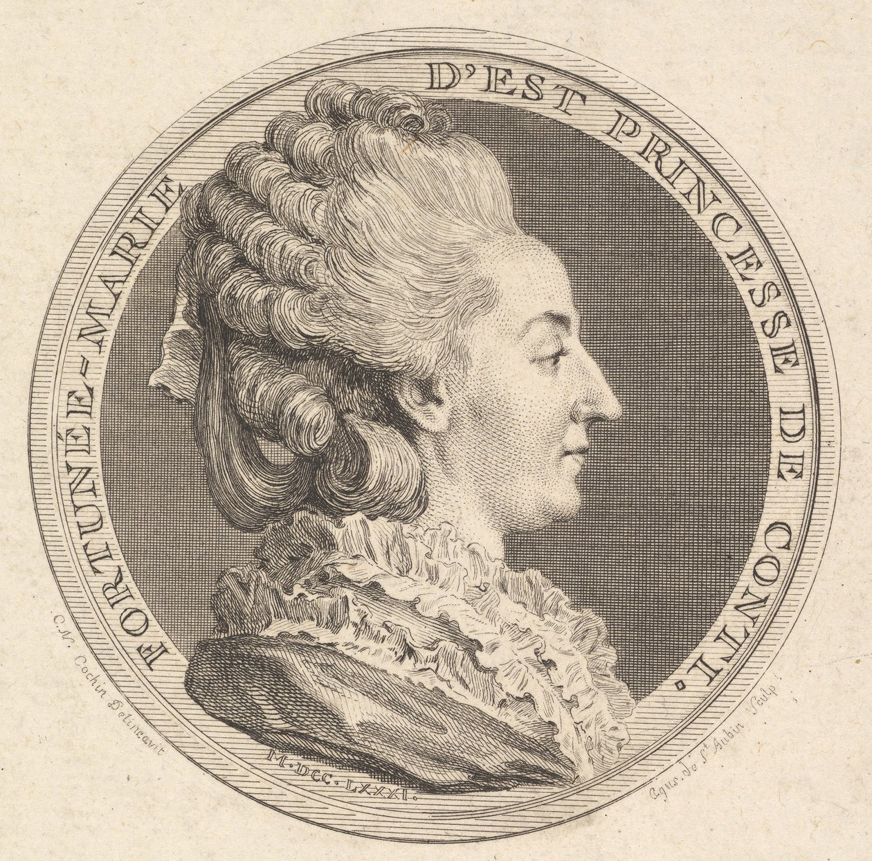 Contin prinsessan Fortunée-Marie dEstin muotokuvamitalin vedos, 1781. tekijältä Augustin de Saint Aubin
