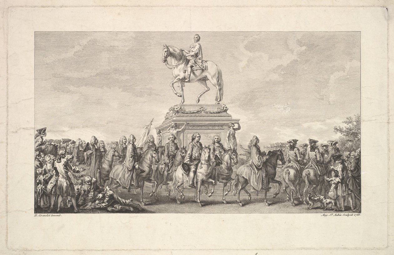 Ludvig XV:n patsaan avajaiset, vinjetti sivulla 1, julkaisusta Description des Trava..., 1766. tekijältä Augustin de Saint Aubin