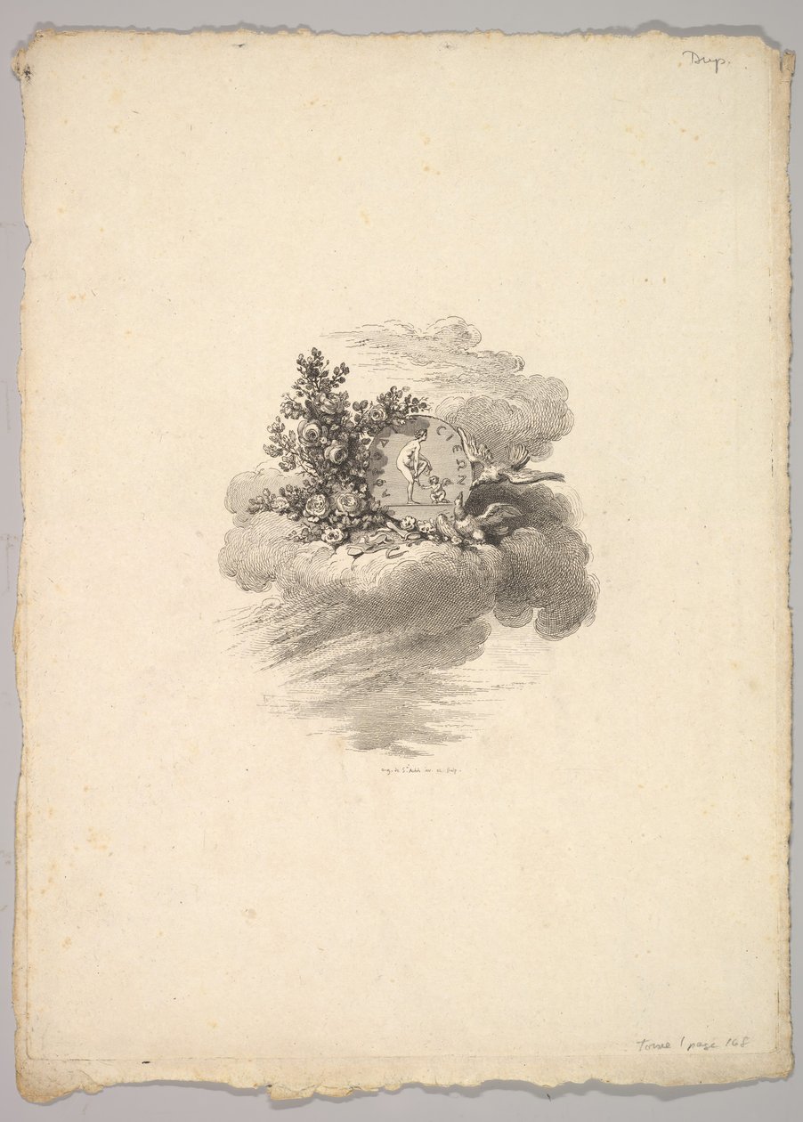Vinjetti, jossa kolikko pilvessä, ruusut vasemmalla ja kyyhkyset alla ja oikealla..., 1778-80. tekijältä Augustin de Saint Aubin
