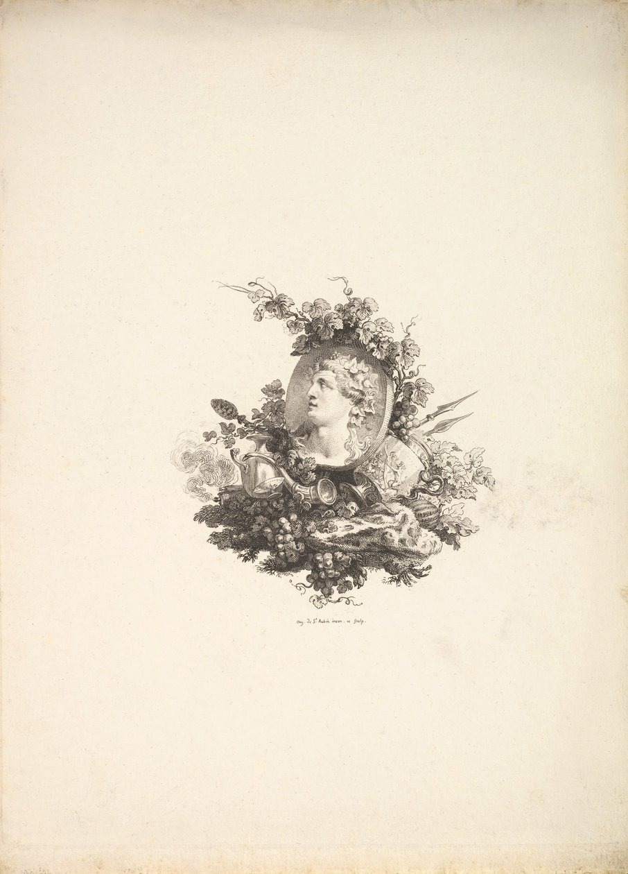 Vinjetti, jossa on Bacchuksen pää korneolilla, Tome I, sivu 242, julkaisusta Description de..., 1778-80. tekijältä Augustin de Saint Aubin