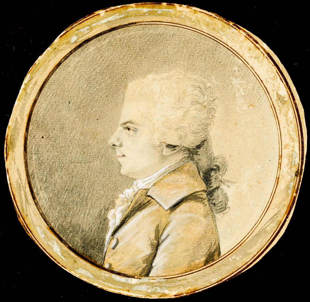 Wolfgang Amadeus Mozart - Augustin de Saint-Aubin (1736-1807). Sanguine, musta liitu ja valkoinen väri paperille, n. 1778. Mitat : D 13,8 cm. Yksityinen kokoelma tekijältä Augustin de Saint Aubin