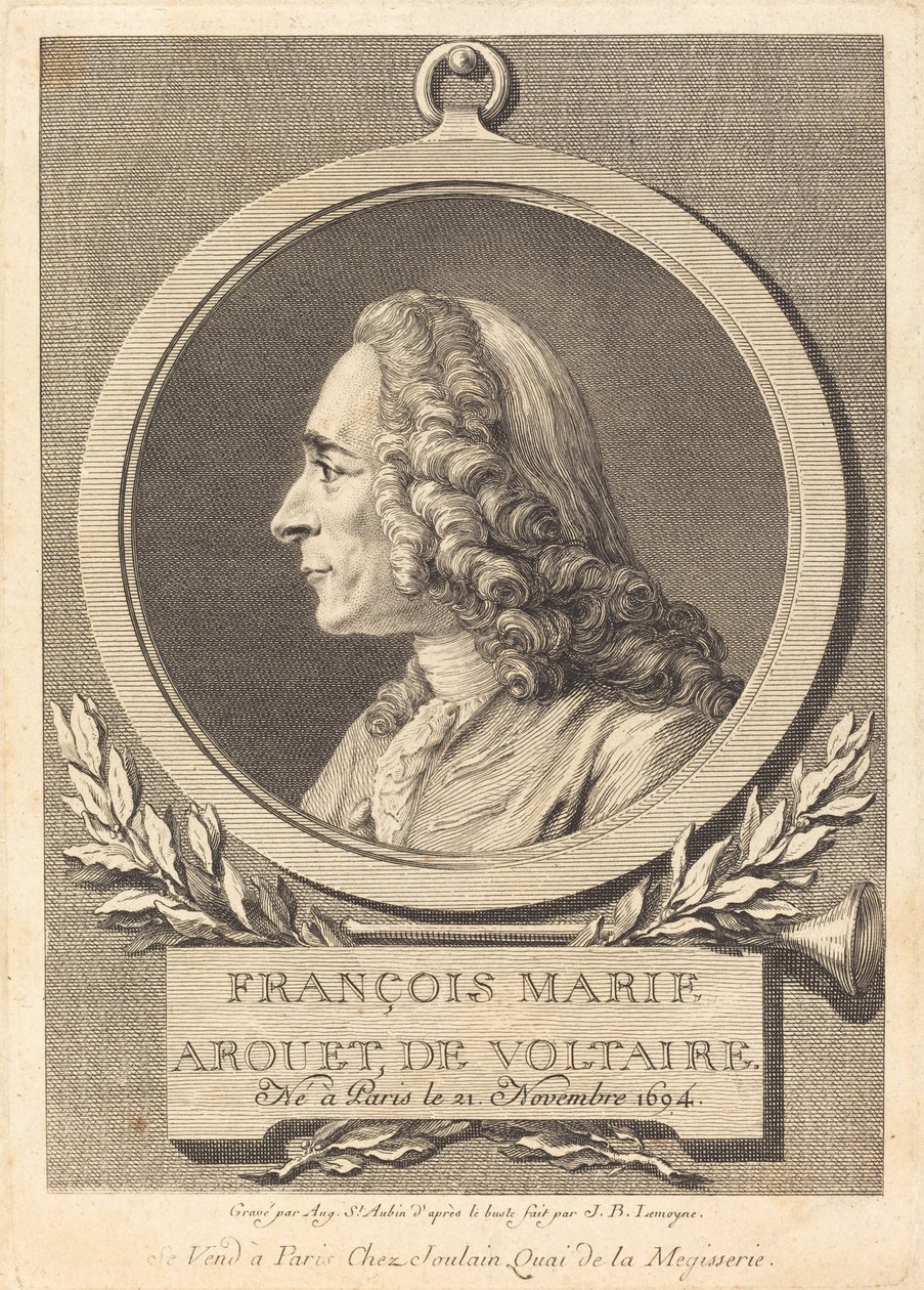 Voltairen Francois Marie Arouet tekijältä Augustin de Saint Aubin after Jean Baptiste Lemoyne II