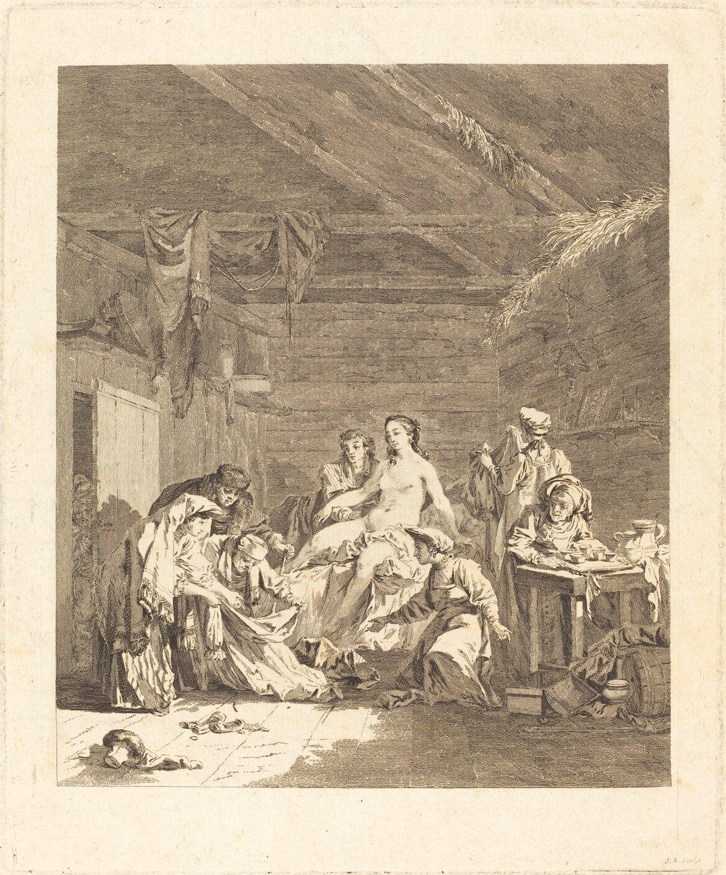 Le lever de la mariée russe (venäläisten tapa hääseremonian jälkeen ja ennen hääjuhlaa) tekijältä Augustin de Saint Aubin after Jean Baptiste Le Prince