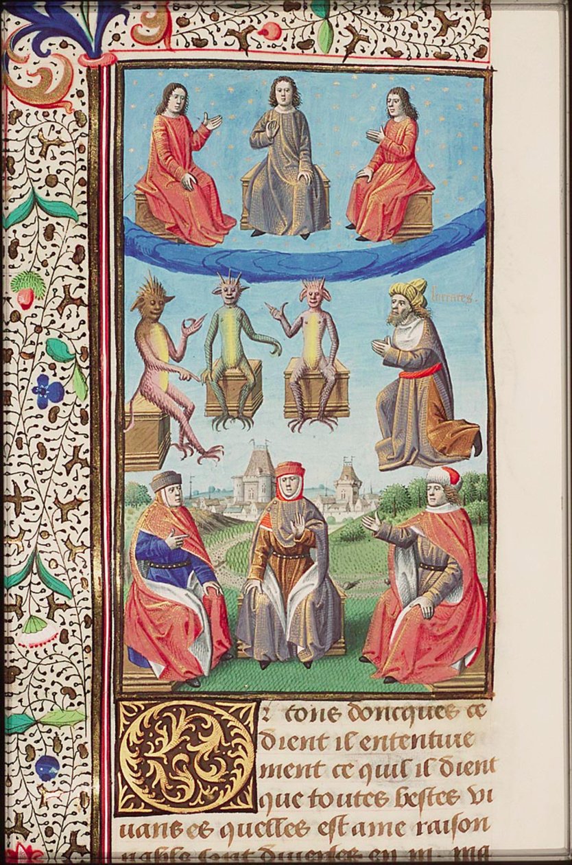 Valaistu sivu kirjasta Jumalan kaupunki, ranskankielinen käännös Raoul de Preslesiltä (1371-1375). tekijältä Augustine of Hippo