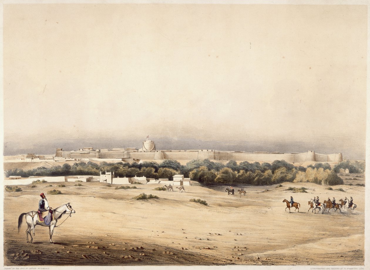 Sir Charles Napier etualalla ja hänen Scinde-hevosen saattaja Hyderabadissa, n. 1850 (väri litho) tekijältä Augustine Fitzgerald