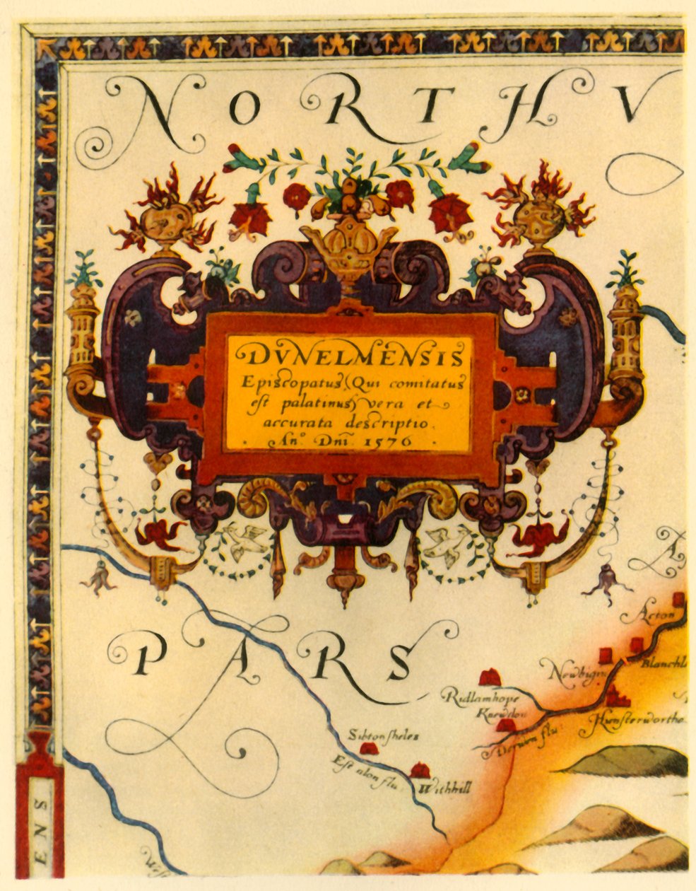 "A. Rytherin piirros Saxtonin Durhamin kartalla, 1576", 1944. tekijältä Augustine Ryther