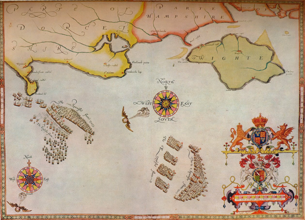 "Portland Bill to Portsmouth: Englannin laivaston espanjalaisen armadan takaa-ajo", c1588 tekijältä Augustine Ryther