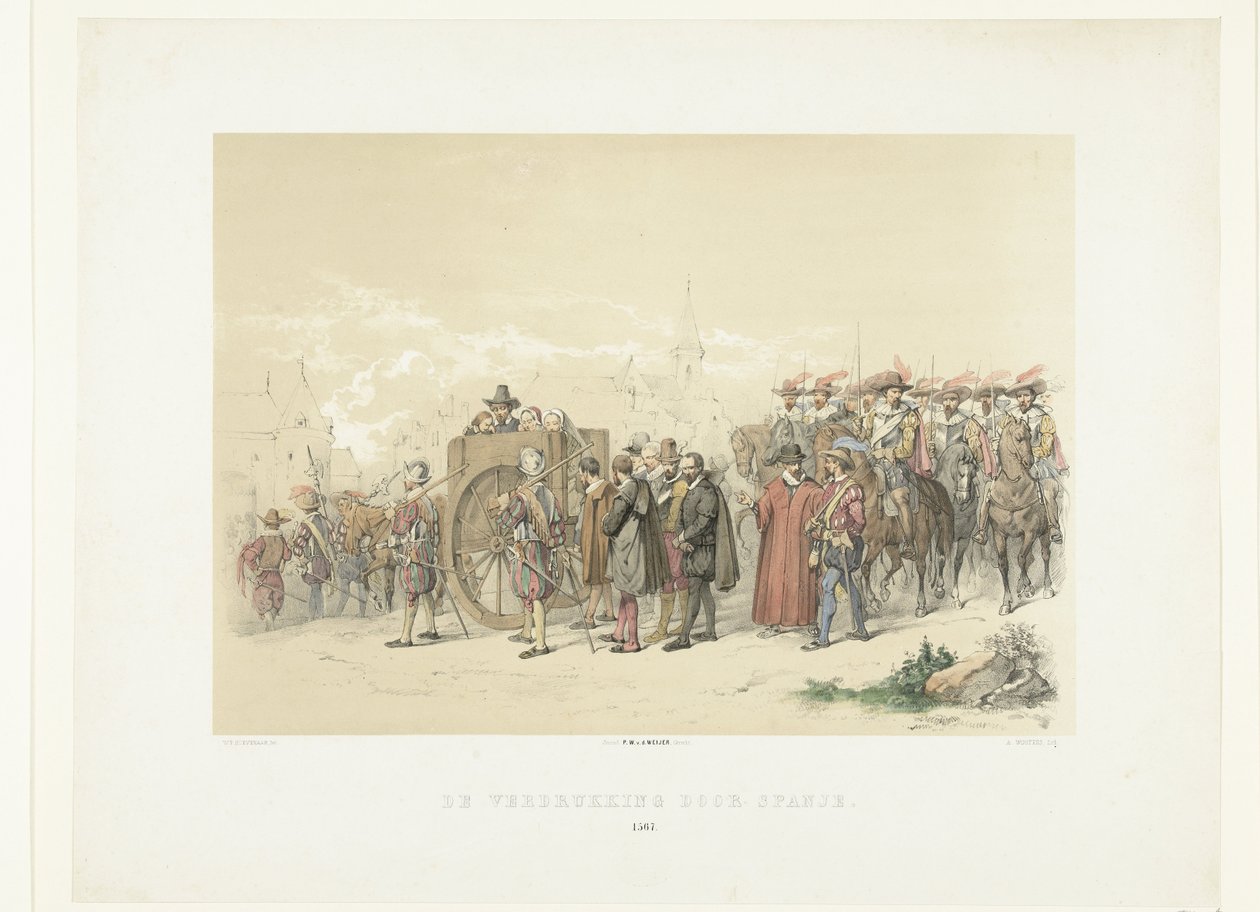Wegvoeren van burgers in gevangenschap door Spaanse soldaten, 1567 De verdrukking door Spanje (title on object) tekijältä Augustinus Jacobus Bernardus Wouters