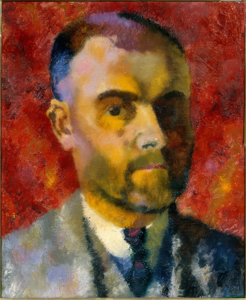 Augusto Giacomettin omakuva punaista taustaa vasten. tekijältä Augusto Giacometti