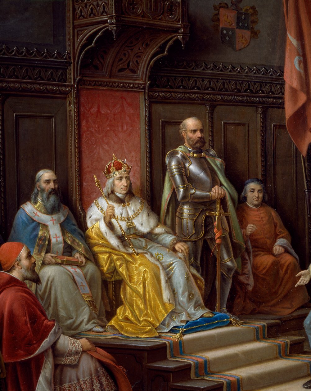 Fredrik III valtaistuimella, yksityiskohta Fredrik III:sta, Triesten runoilija Raffaele Zovenzonin painostama marssimaan turkkilaisia vastaan, Augusto Tominzin (1818-1883) maalaus tekijältä Augusto Tominz