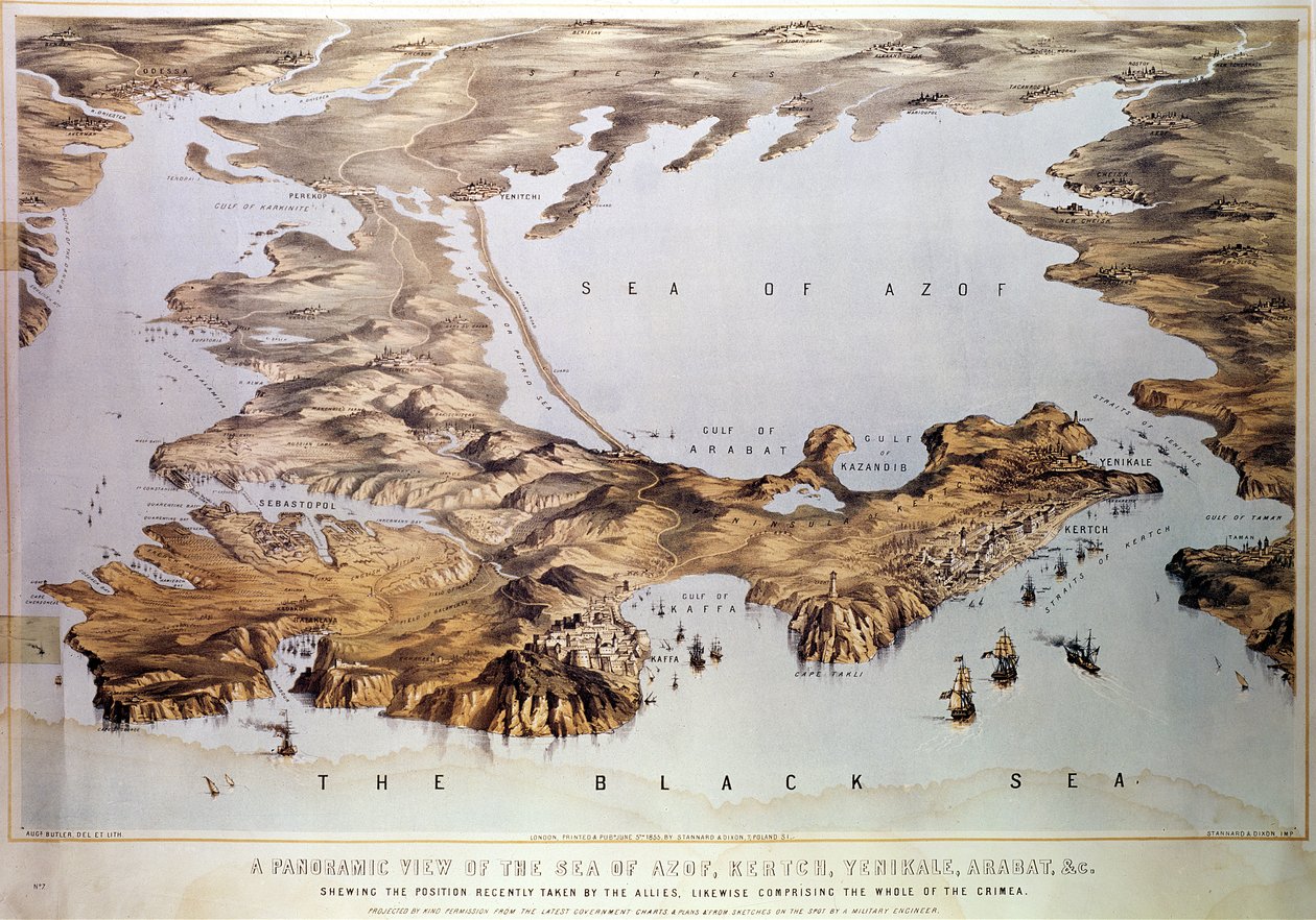 Panoraamanäkymä Azofinmerelle, jossa näkyy liittoutuneiden asema, hallituksen kartoista ja suunnitelmista sekä sotilasinsinöörin luonnoksista, pubi. Stannard ja Dixon, 1855 tekijältä Augustus Butler