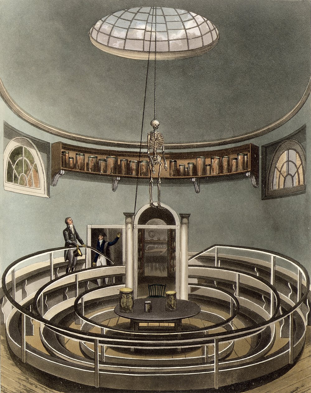 Anatomian teatterin sisätilat Cambridgessa, teoksesta "The History of Cambridge", kaivertaja Joseph Constantine Stadler (1780-1812), kustantaja R. Ackermann, 1815 (väriakvatintta). tekijältä Augustus Charles Pugin