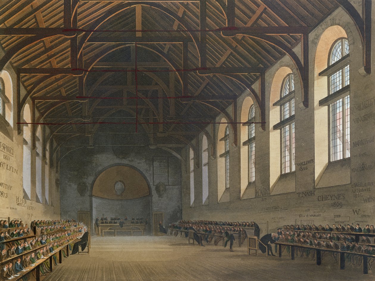 Westminster School Room, "History of Westminster Schoolista", osa "History of the Colleges", kaiverrettu Joseph Constantine Stadler (fl.1780-1812) pub. R. Ackermann, 1816 (värillinen akvatinta) tekijältä Augustus Charles Pugin