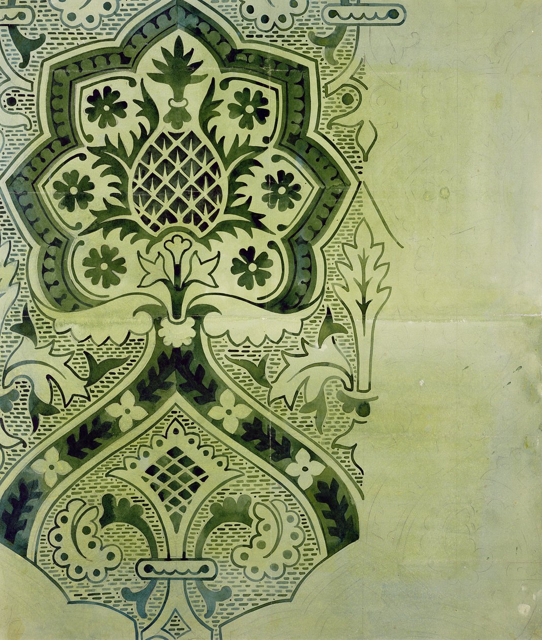 Suunnitelma kirkollista tapettipainatusta varten (muste paperille) tekijältä Augustus Welby Northmore Pugin