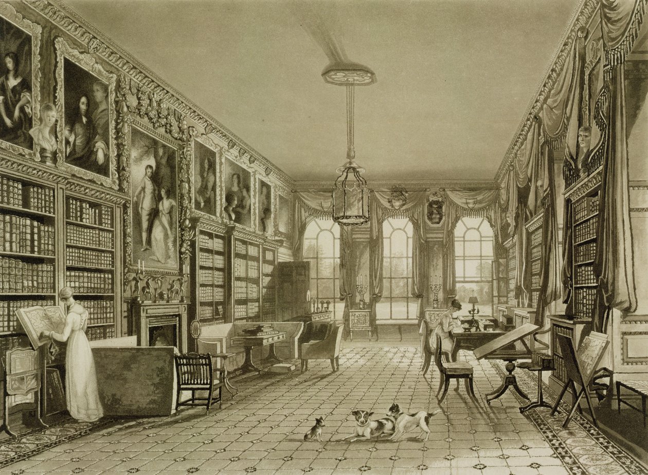 Library as Sitting Room, Cassiobury Park, n. 1815, J. Britton "Cassiobury Parkin historia ja kuvaus", Lontoo, 1837, hahmot kaiverrusi Meyer, akvatinta F. Lewis tekijältä Augustus Welby Northmore Pugin
