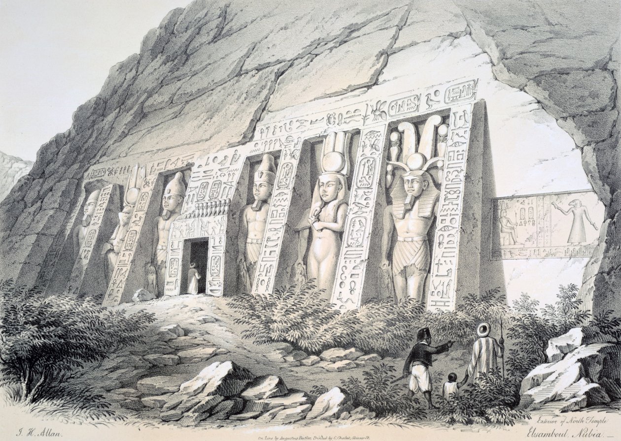 Pohjois-temppelin ulkopuoli, Ebsamboul, Nubia, n. 1850 tekijältä Augustus Butler