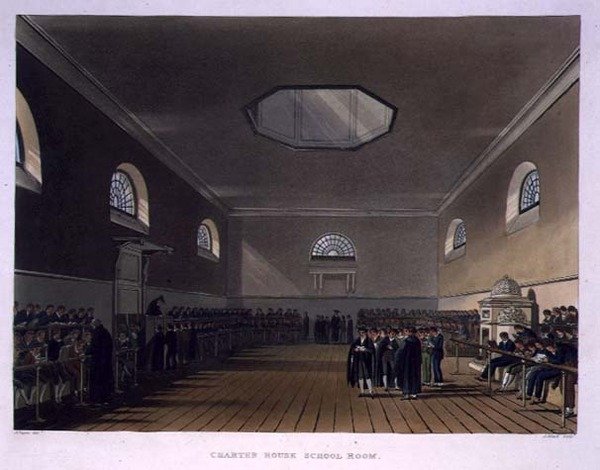 Charter House School Room, "History of Charter House Schoolista", osa "History of the Colleges", kaiverrettu J. Bluck (fl.1791-1831) pub. kirjoittanut R. Ackermann tekijältä Augustus Charles (after) Pugin