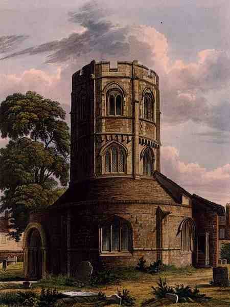Pyhän haudan kirkko, Cambridge, "The History of Cambridge", kaiverrus J. Hill, pub. kirjoittanut R. Ackermann tekijältä Augustus Charles (after) Pugin