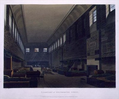 Dormitory of Westminster School, "History of Westminster Schoolista", osa "History of the Colleges", kaiverrettu J. Bluck (fl.1791-1831) pub. Kirjailija: R. Ackermann tekijältä Augustus Charles (after) Pugin