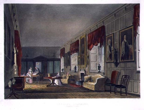 Dr. Fisherin asunnot Charter Housessa, "History of Charter House Schoolista", osa "History of the Colleges", kaiverrettu Joseph Constantine Stadler (fl.1780-1812) pub. kirjoittanut R. Ackermann tekijältä Augustus Charles (after) Pugin