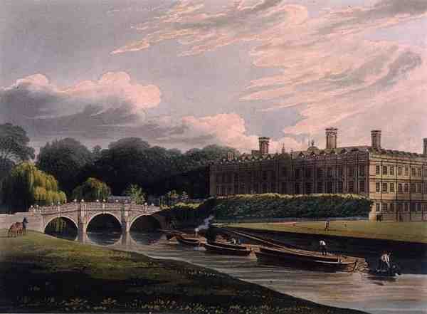 Clare Hall, Cambridge, "The History of Cambridge", kaiverrettu J. Bluck (fl.1791-1831), pub. kirjoittanut R. Ackermann tekijältä Augustus Charles (after) Pugin