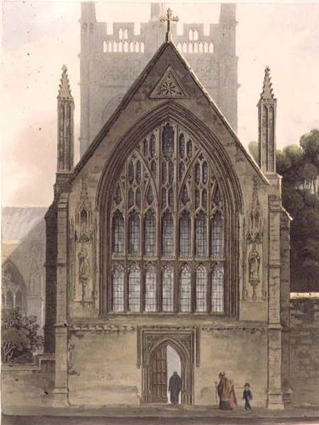 Merton Collegen ulkopuoli Ante-kappelin pohjoiseen ikkunaan päin, kuvitus "History of Oxfordista", kaiverrus I. Sutherland, pub. kirjoittanut R. Ackermann tekijältä Augustus Charles (after) Pugin