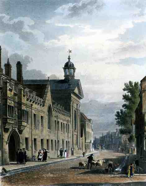 Cambridgen Pembroke Collegen ulkokuori, "The History of Cambridge", kaiverrettu Joseph Constantine Stadler (fl.1780-1812), pub. Kirjailija: R. Ackermann tekijältä Augustus Charles (after) Pugin