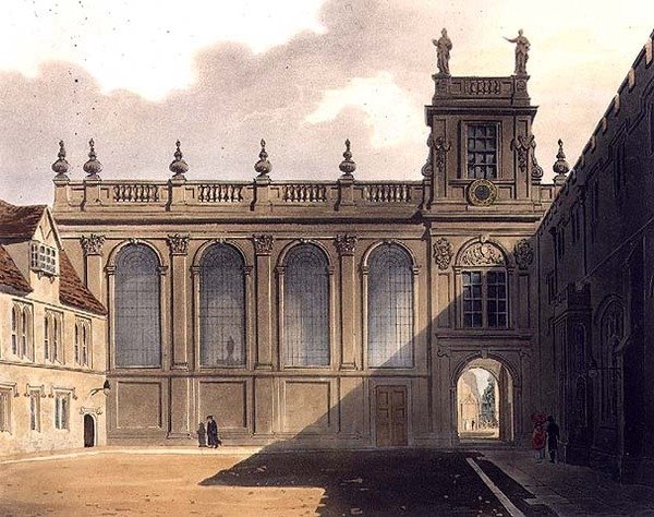 Trinity College Chapelin ulkopuoli, kuvitus "History of Oxfordista", kaiverrettu J. Bluck (fl.1791-1831) pub. kirjoittanut R. Ackermann tekijältä Augustus Charles (after) Pugin