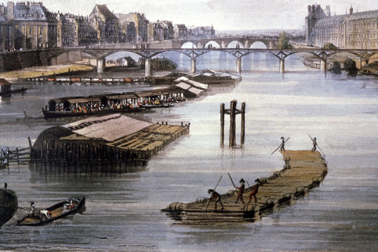 Rahtikuljetuksia Pariisissa, noin 1810 (kaiverrus). tekijältä Augustus Charles (after) Pugin