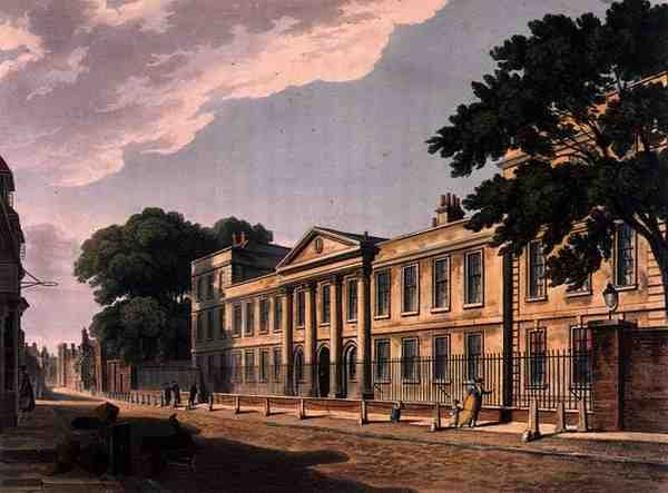Emmanuel Collegen etuosa, Cambridge, "The History of Cambridge", kaiverrettu Joseph Constantine Stadler (fl.1780-1812), pub. kirjoittanut R. Ackermann tekijältä Augustus Charles (after) Pugin