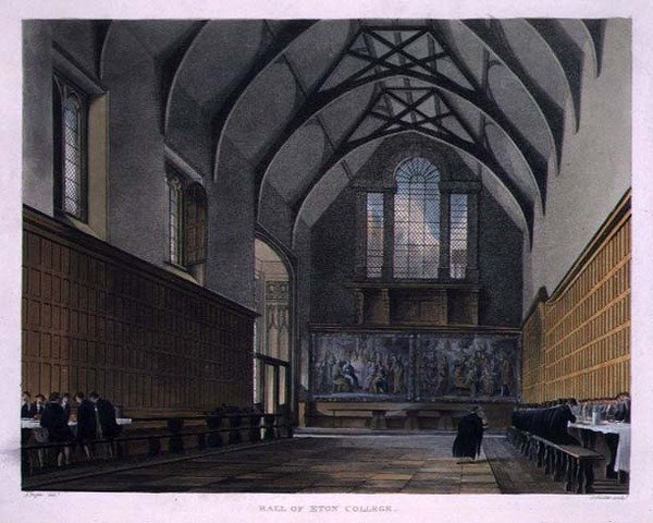Hall of Eton College, "History of Eton Collegesta", osa "History of the Colleges", kaiverrettu Joseph Constantine Stadler (fl.1780-1812) pub. kirjoittanut R. Ackermann tekijältä Augustus Charles (after) Pugin