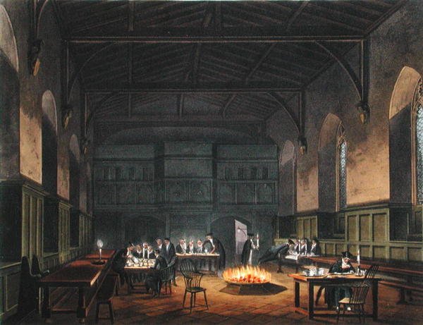 Westminsterin koulun sali, Ackermannin teoksesta "History of Westminster School", osa teoksesta "History of the Colleges", kaiverrettu J. Stadlerin toimesta, julkaistu 1816 (akvatintta). tekijältä Augustus Charles (after) Pugin