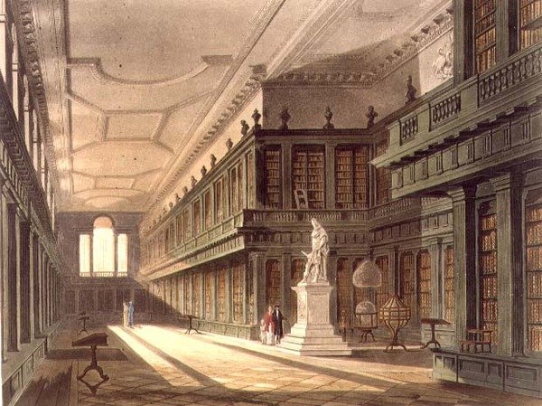 Library of All Souls Collegen sisustus, kuvitus "History of Oxfordista", kaiverrettu J. Bluck (fl.1791-1831) pub. kirjoittanut R. Ackermann tekijältä Augustus Charles (after) Pugin