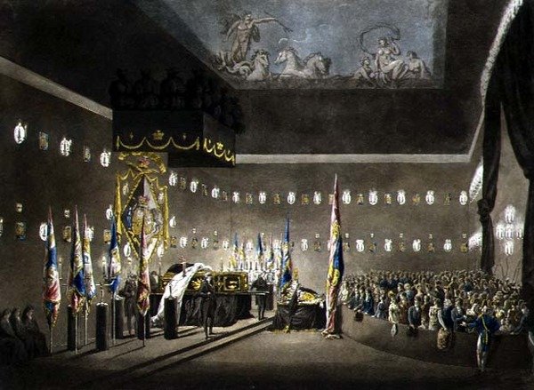 Lordi varakreivi Nelsonin jäänteet makaavat maassa Greenwichin sairaalan maalatussa kammiossa, kaiverrus J. Merigot, pub. 1806 (värikaiverrus) tekijältä Augustus Charles (after) Pugin