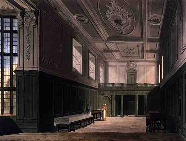 The Hall of Sidney College, Cambridge, "Cambridgen historiasta", kaivertanut Daniel Havell (1785-1826), pub. kirjoittanut R. Ackermann tekijältä Augustus Charles (after) Pugin