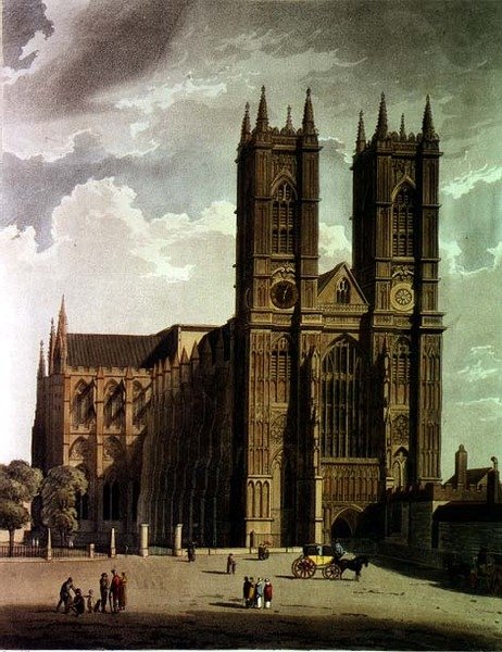 The West Front, levy 2 Westminster Abbeystä, kaiverrus J. Bluck (fl.1791-1831) pub. kirjoittanut Rudolph Ackermann (1764-1834) 1811 (akvatinta) tekijältä Augustus Charles (after) Pugin